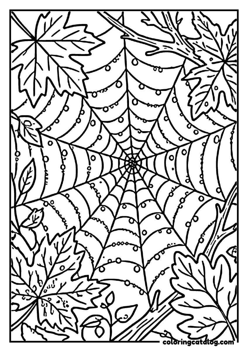 Printable Fall coloring page: A spider web with leaves and spider legs in a forest setting