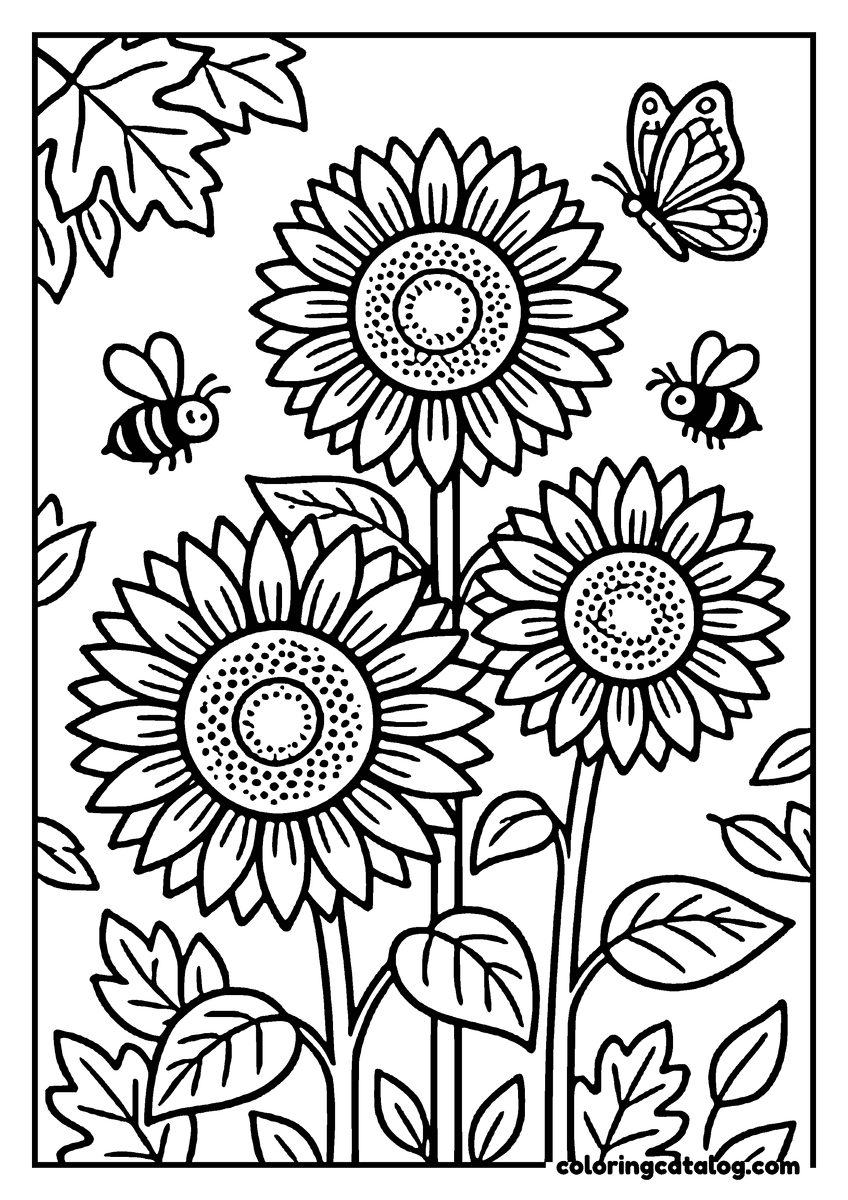 Fall coloring page: Sunflowers in a garden with bees and a butterfly