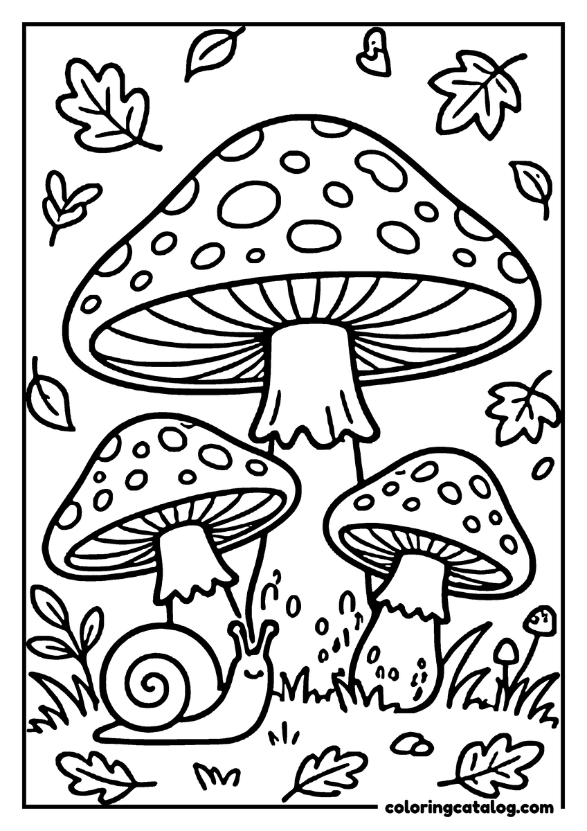 Fall coloring page: Three colorful mushrooms with polka dots and leaves in the background