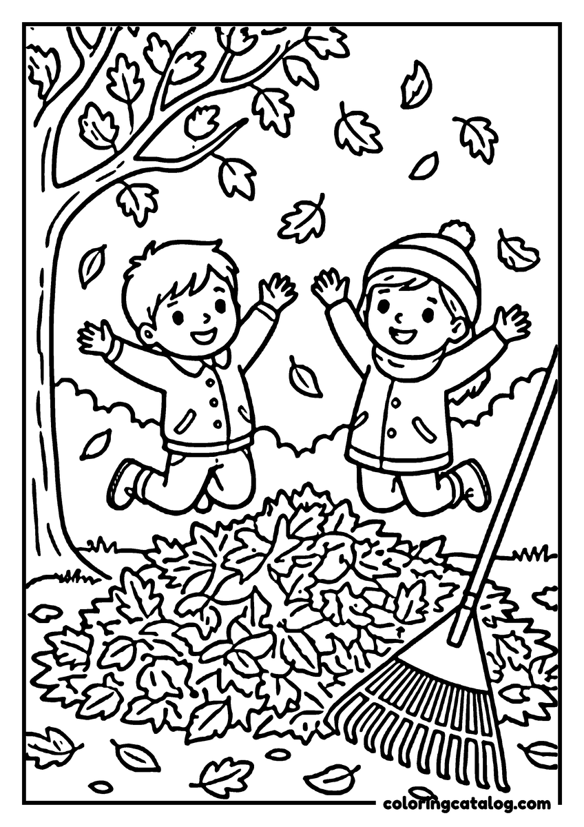 Coloring page: Two children joyfully jump in a pile of autumn leaves, surrounded by falling leaves and a rake
