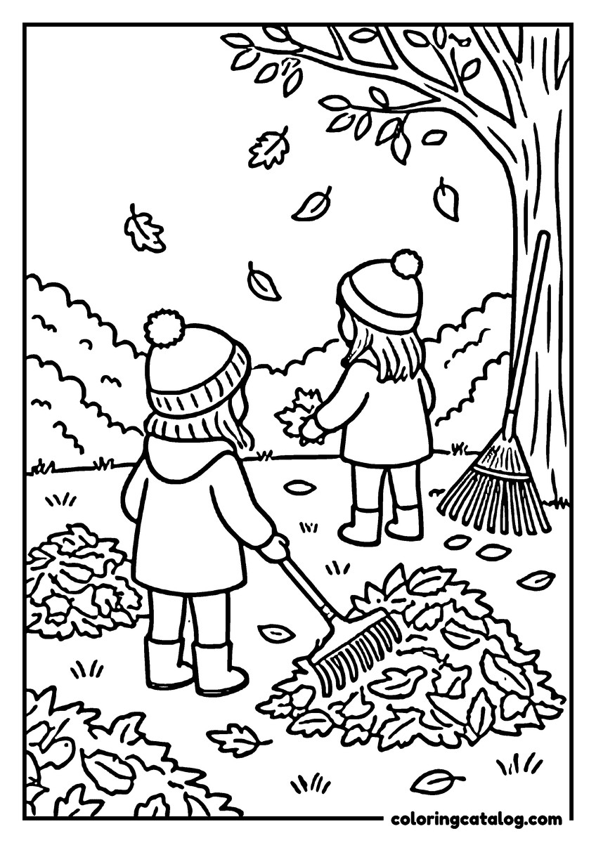 Free Fall coloring sheet: Two children rake leaves in a yard during autumn, wearing winter hats and coats