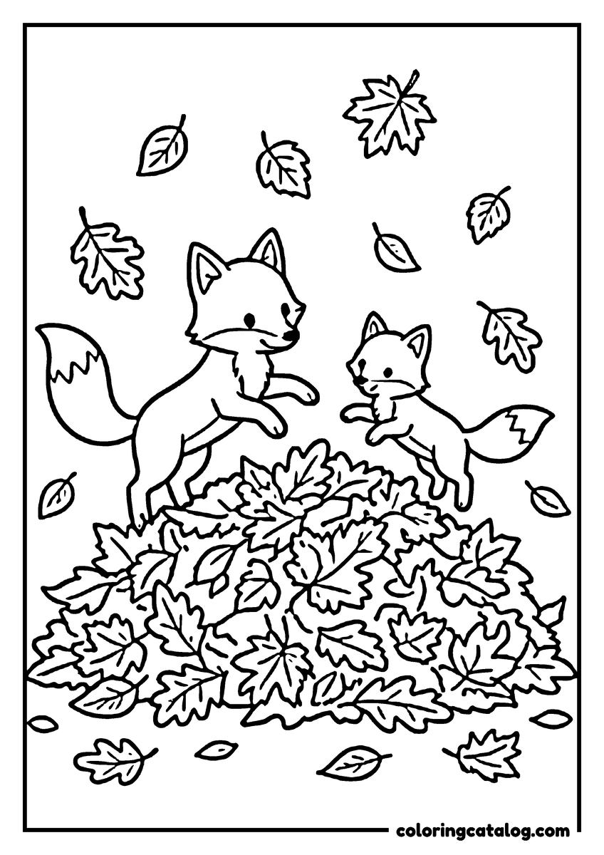 Coloring page: Two fox cubs play in a pile of autumn leaves, surrounded by falling leaves