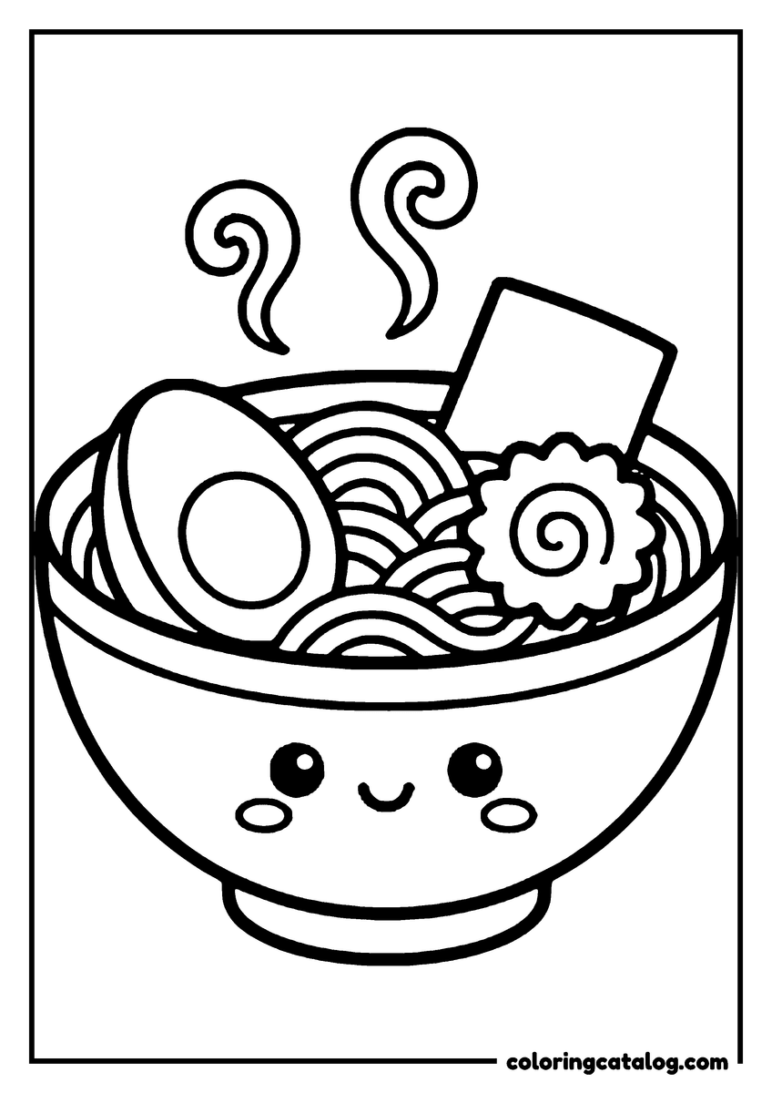 Food coloring page: A smiling noodle bowl with a halved egg, a fish cake and a sheet of nori, steam curling above it