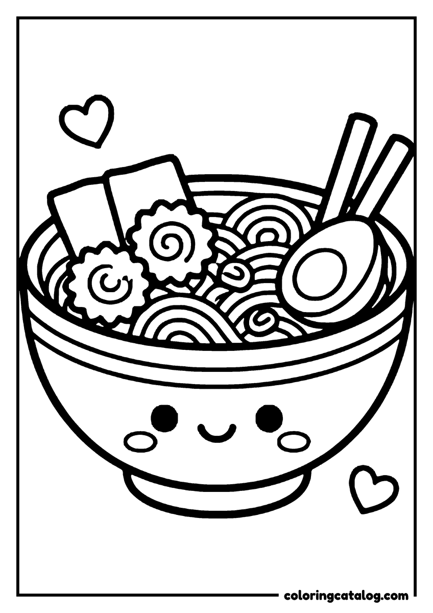 Printable Food coloring page: A smiling ramen bowl with noodles, a halved egg, two fish cakes and chopsticks resting on the rim