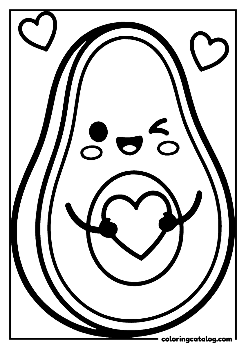 Printable Food coloring page: A winking avocado half hugging a heart where its stone should be