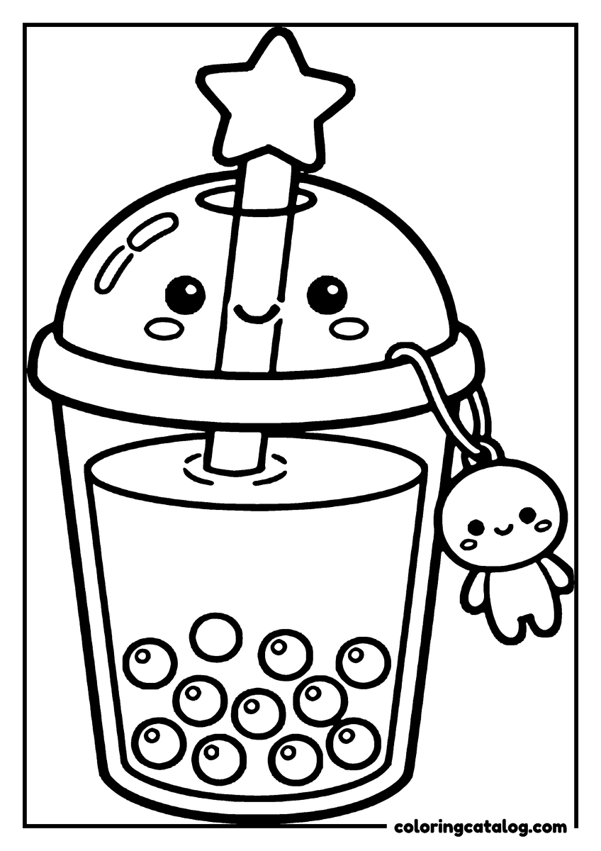 Printable Food coloring page: A bubble tea with a smiling domed lid and a small charm hanging from the cup on a strap