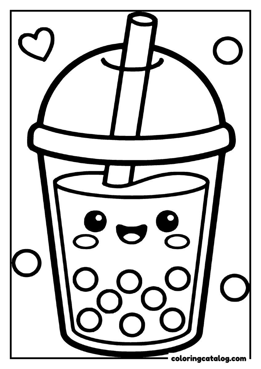 Free Food coloring sheet: A tall bubble tea with a grinning face, its domed lid smiling above and bubbles floating around it
