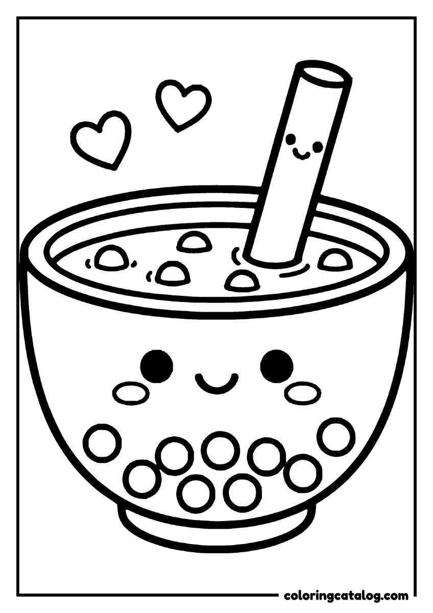 Food coloring page: A round cup of bubble tea with a face, and a straw that is smiling too