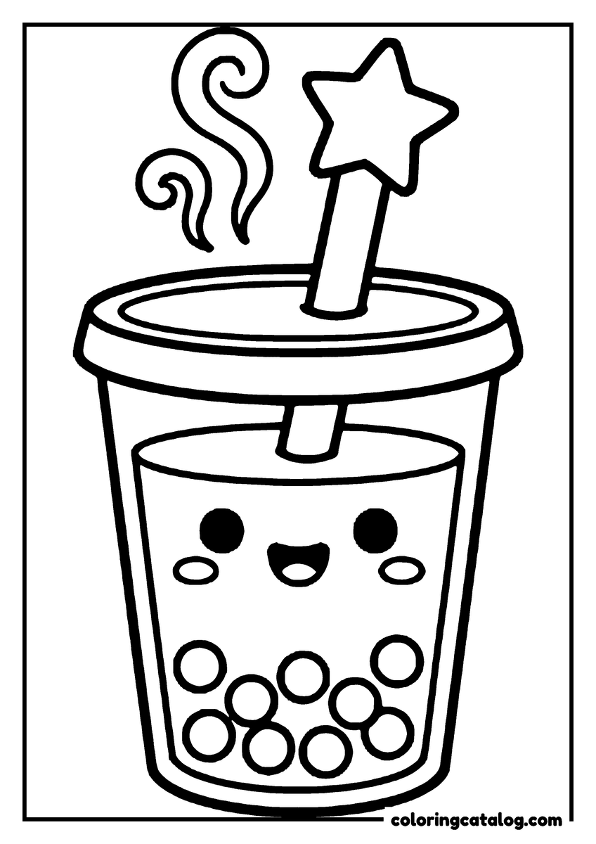 Food coloring page: A smiling cup of bubble tea with a star on the end of its straw and steam curling above