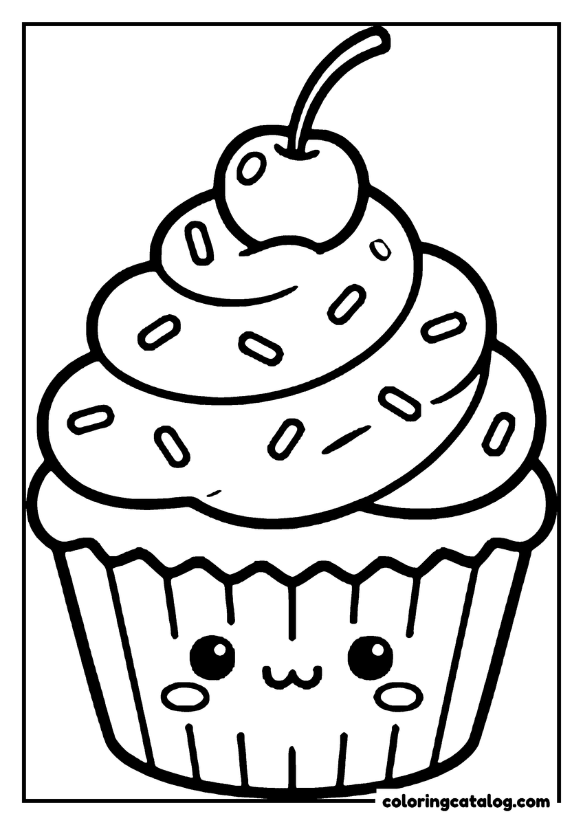 Food coloring page: A cupcake with a face on its fluted case, a swirl of icing and a cherry balanced on top