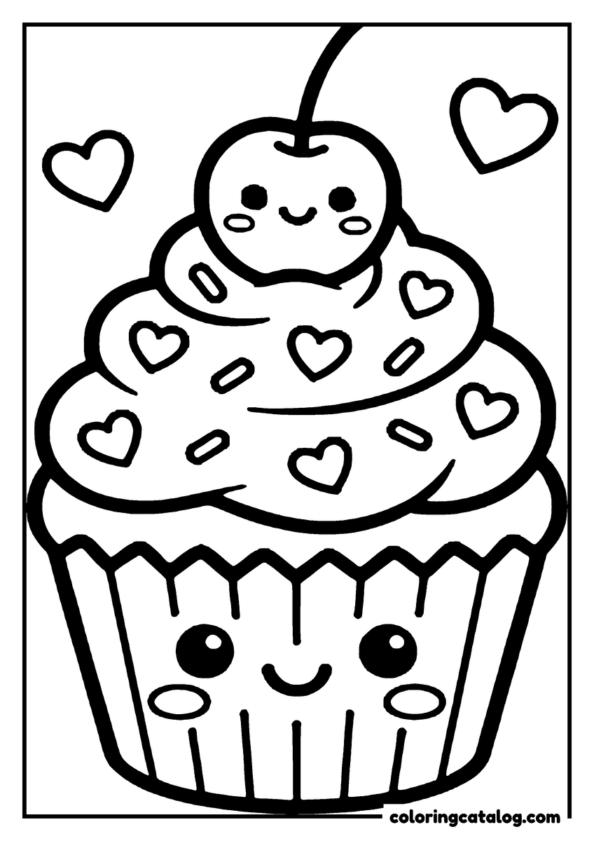 Free Food coloring sheet: A cupcake with a face on its case and a cherry on top that has a face of its own