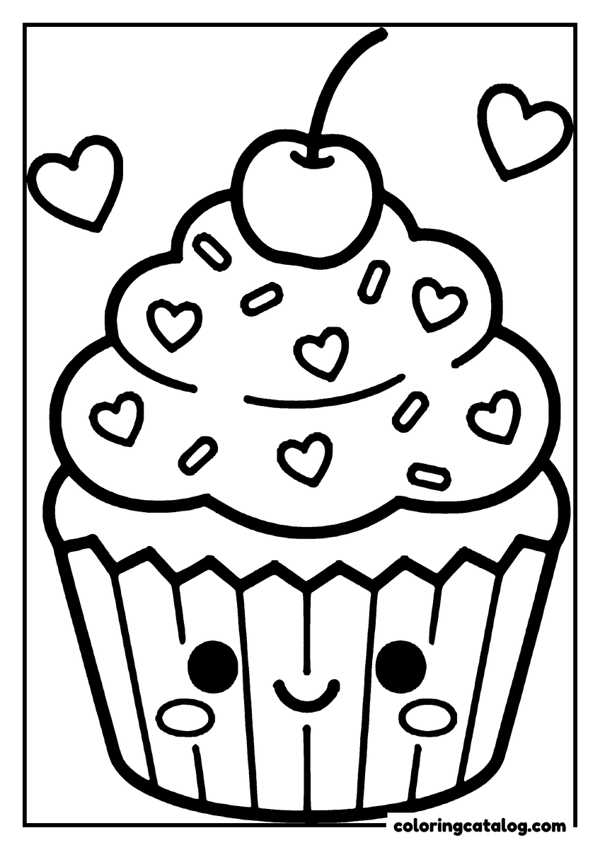 Food coloring page: A cupcake with a face on its case, heart-shaped sprinkles in the icing and a cherry on top