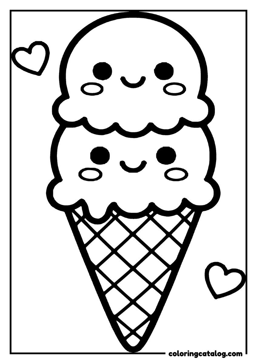Free Food coloring sheet: Two scoops on a criss-cross cone, each scoop with a smiling face of its own