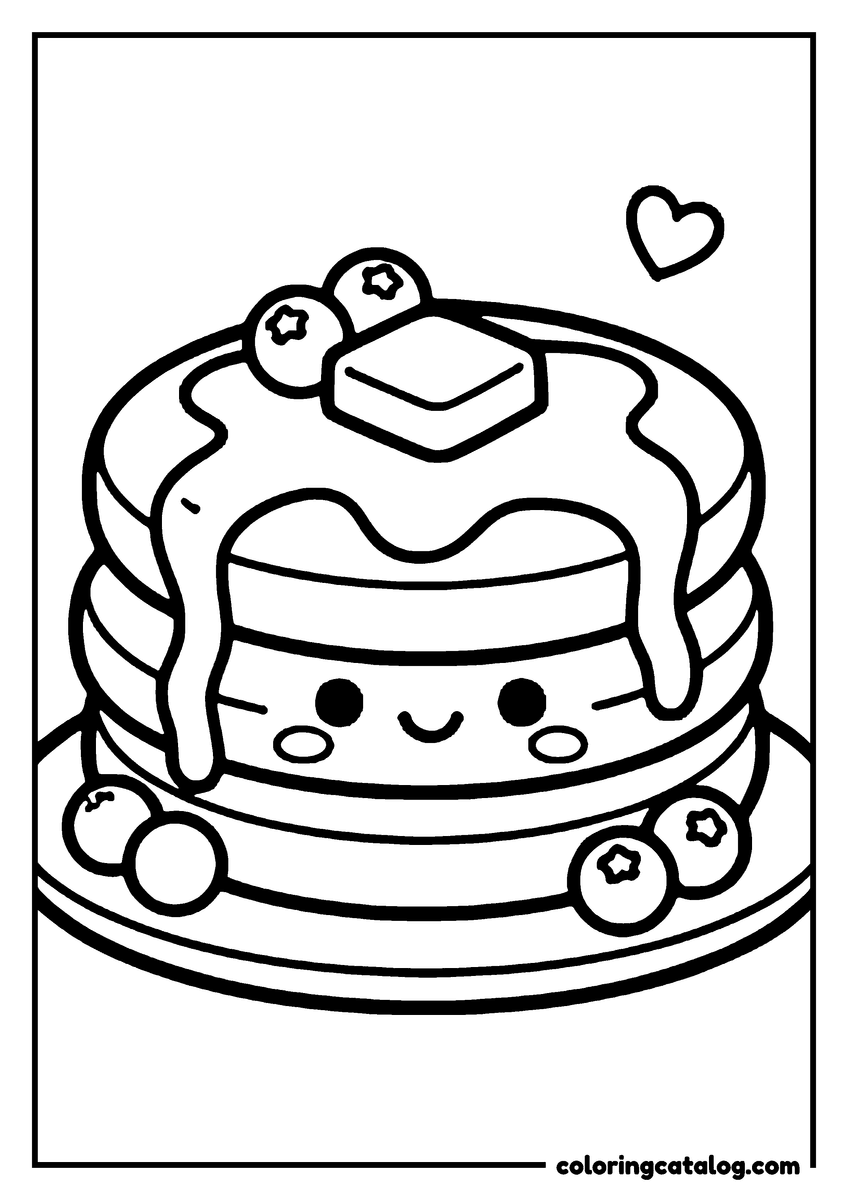 Free Food coloring sheet: A smiling stack of pancakes with a pat of butter, syrup running over the edge and blueberries around the plate