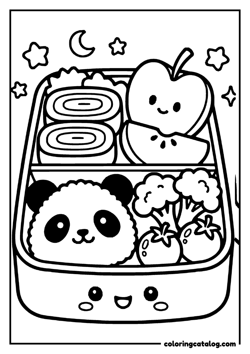 Free Food coloring sheet: A two-tier lunchbox with a face, holding a panda rice ball, an apple, broccoli, tomatoes and rolls, under stars and a crescent moon