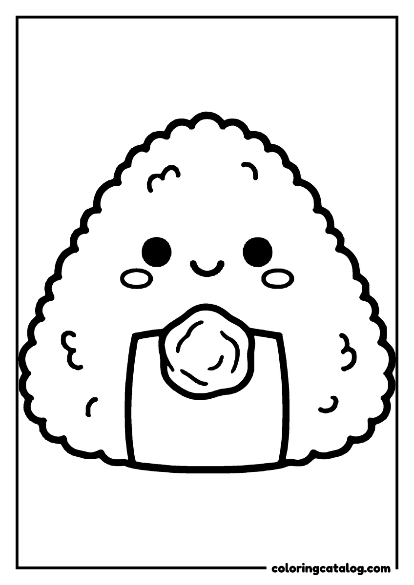 Free Food coloring sheet: A smiling rice ball with a band of seaweed across its middle, drawn large and on its own