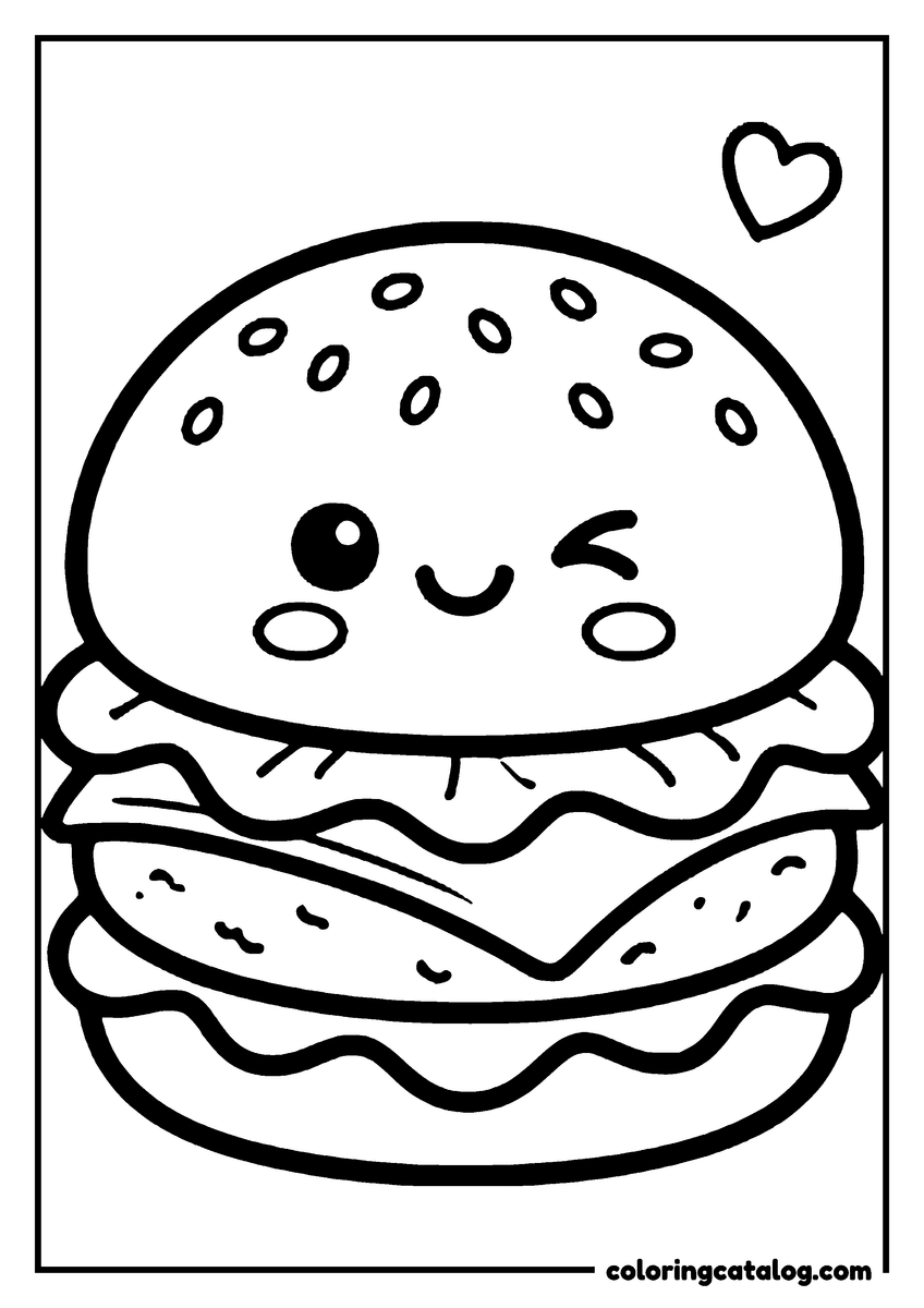Free Food coloring sheet: A winking burger drawn large and close, filling most of the page