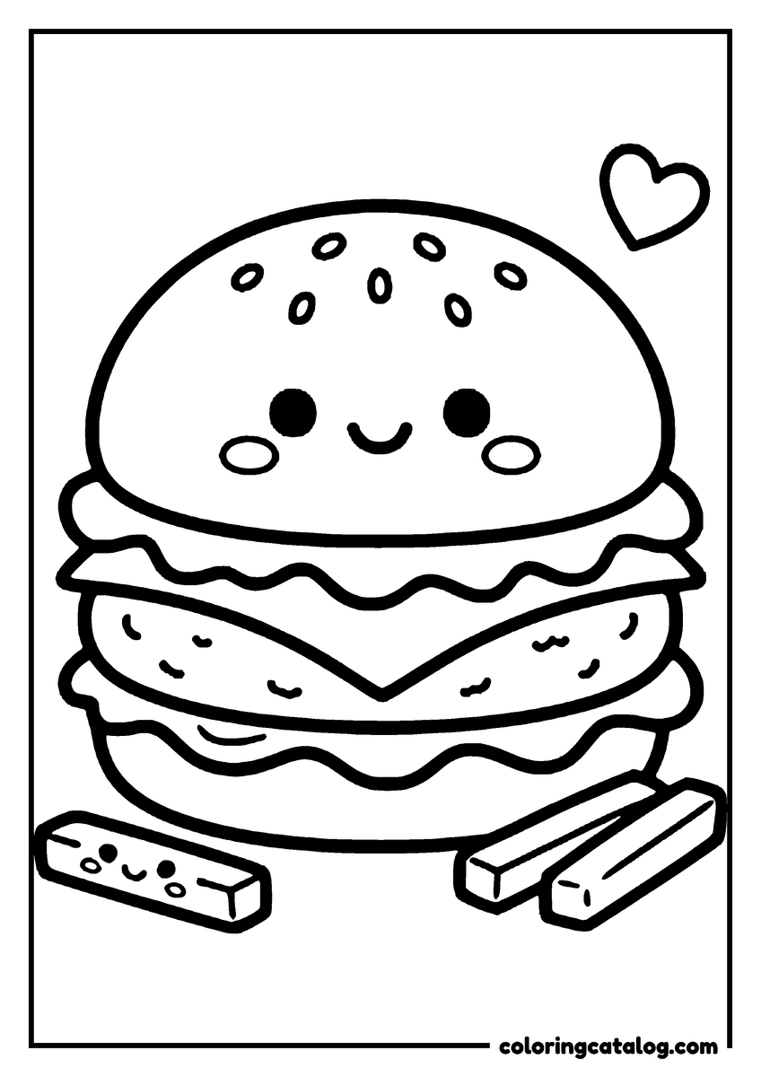 Printable Food coloring page: A smiling burger with sesame seeds on its bun, three chips lying beside it and a heart above