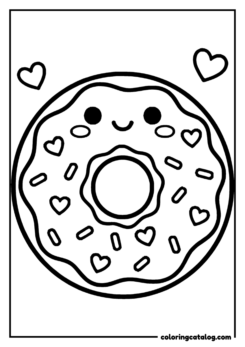 Printable Food coloring page: A smiling doughnut with heart-shaped sprinkles scattered over its icing