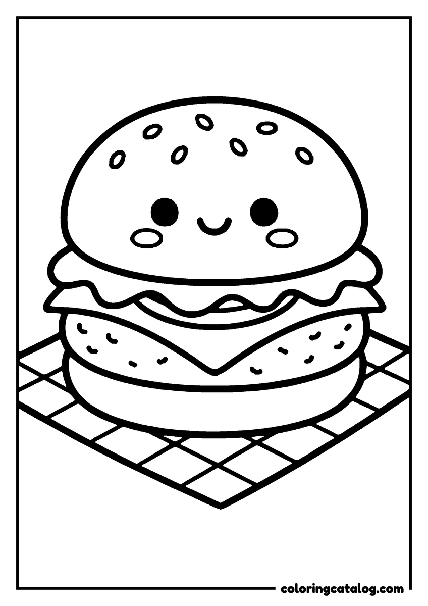 Free Food coloring sheet: A smiling burger sitting on a chequered napkin, its cheese slice hanging over the edge