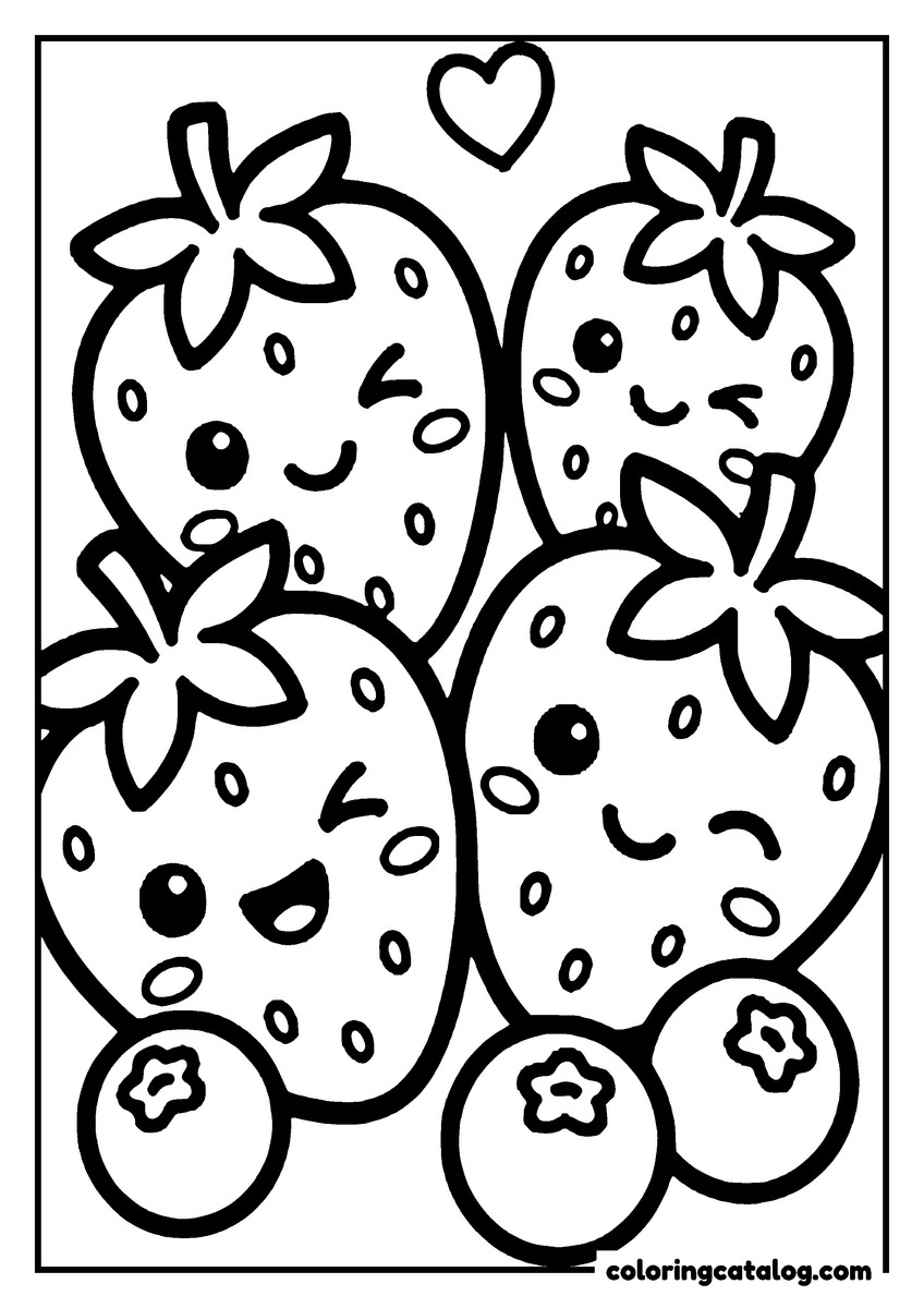 Printable Food coloring page: Four winking strawberries pressed together with three blueberries at their feet