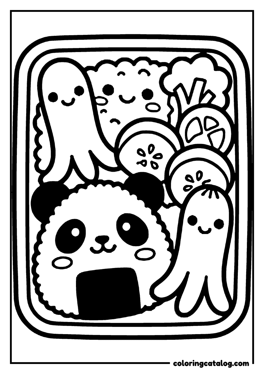 Printable Food coloring page: A bento box packed with a panda rice ball, two sausage octopuses, cucumber slices and broccoli, all with faces