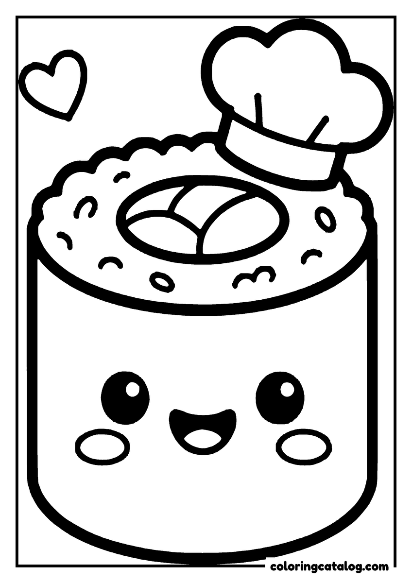 Food coloring page: A sushi roll wearing a chef's hat and grinning, with a heart floating beside it