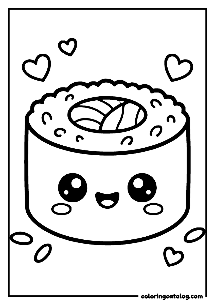 Food coloring page: A single sushi roll with big round eyes seen from the front, hearts and grains of rice around it