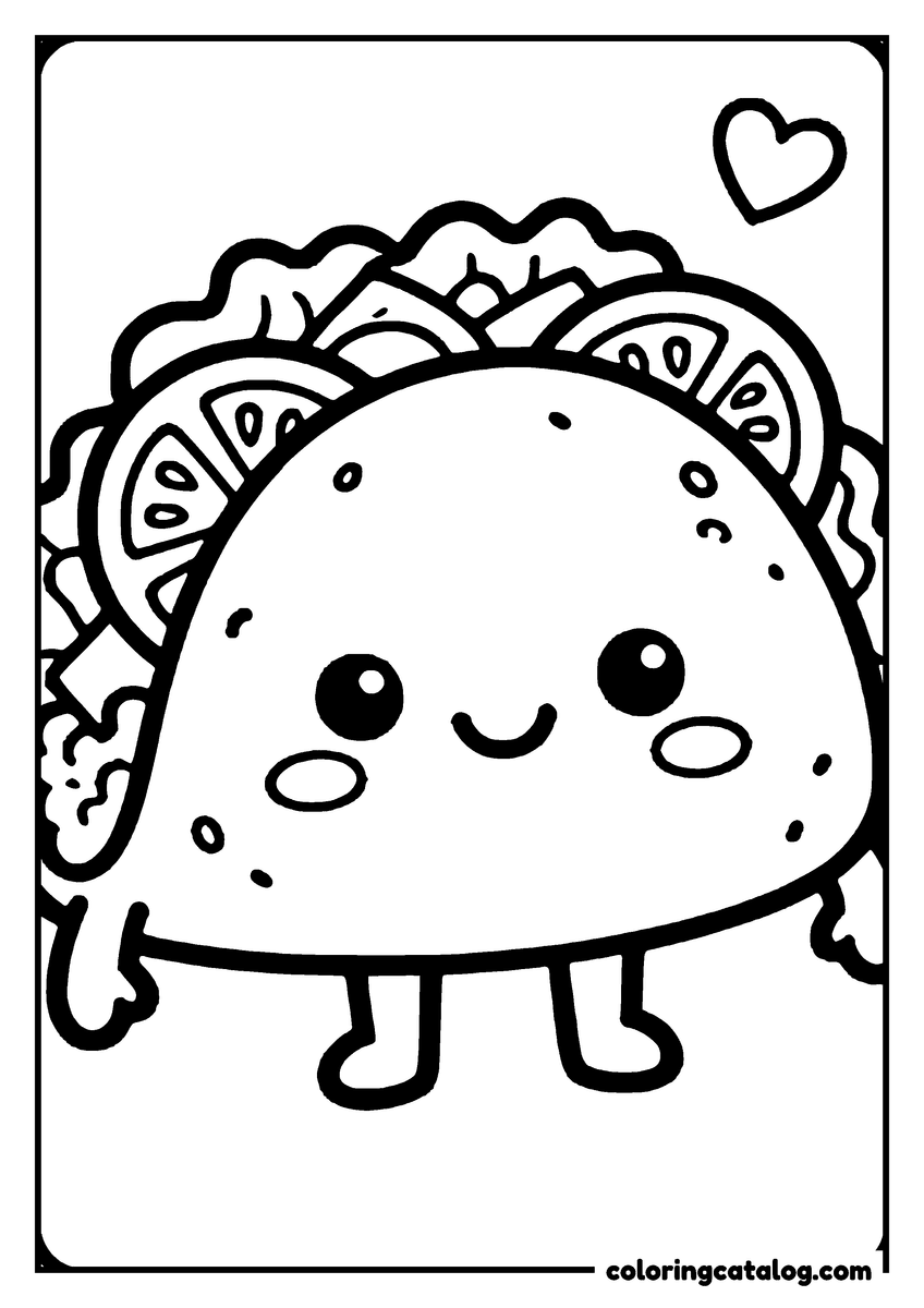 Free Food coloring sheet: A taco standing on two legs with its arms out, filled with lettuce and slices of tomato