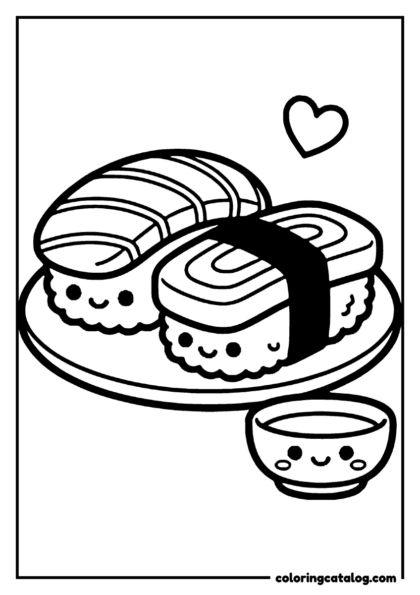 Printable Food coloring page: Three smiling pieces of sushi on a plate beside a little bowl of soy sauce, which is smiling too