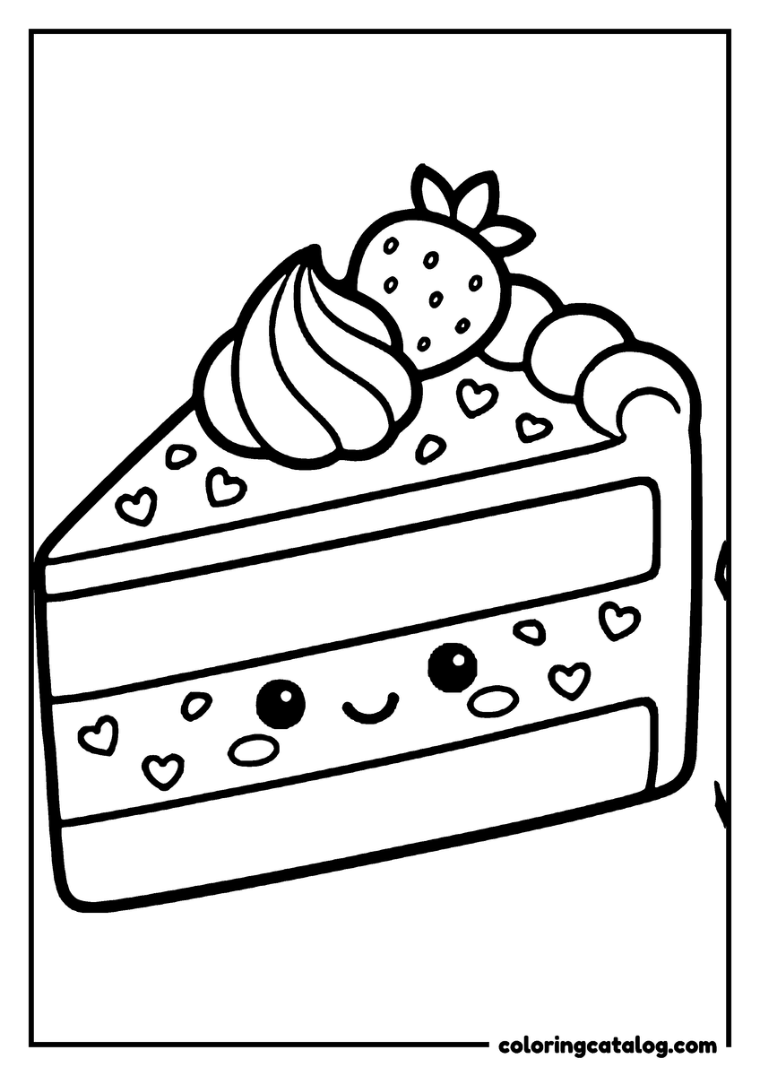 Printable Food coloring page: A slice of layered cake with a face, a swirl of cream and a strawberry perched on top