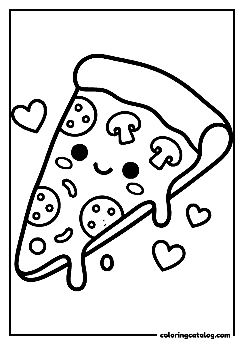 Printable Food coloring page: A winking pizza slice with pepperoni and mushrooms, cheese stretching away from the crust