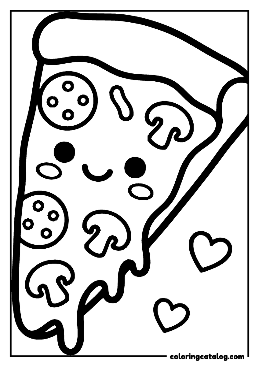 Food coloring page: A winking pizza slice with two pepperoni and three mushrooms, hearts drifting to one side