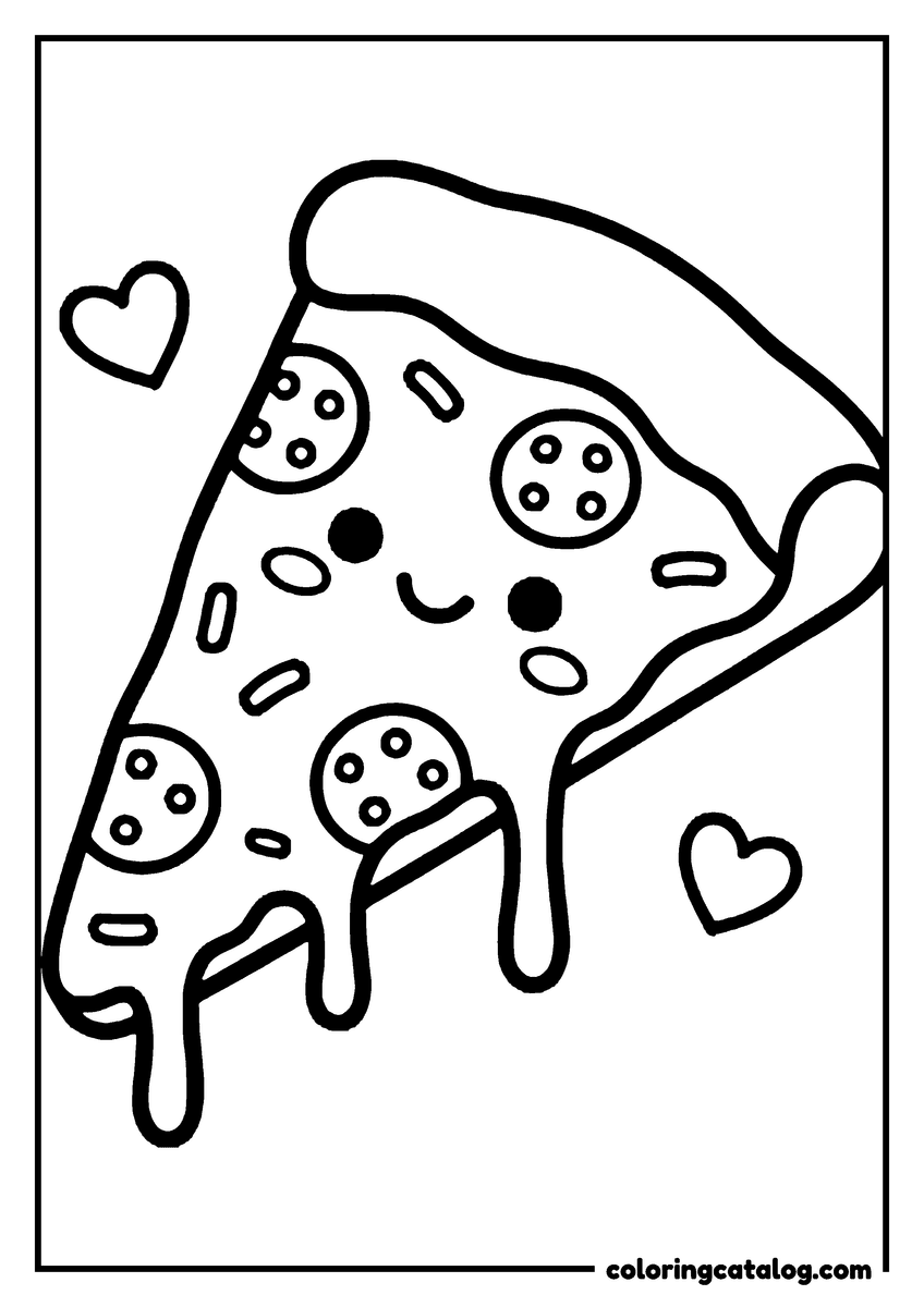 Food coloring page: A smiling pizza slice with pepperoni and stretched cheese, hearts floating on either side