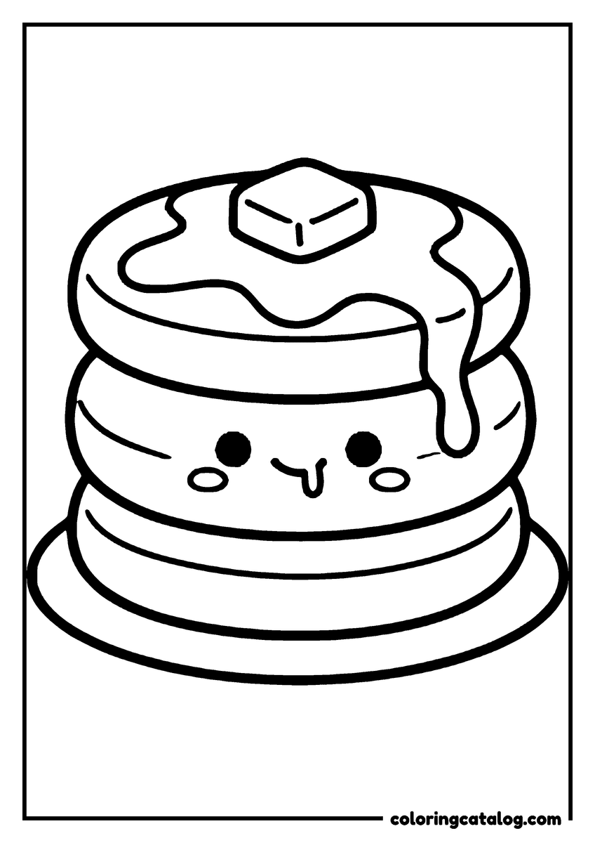 Free Food coloring sheet: Three pancakes stacked on a plate with a pat of butter melting on top and syrup running down the side