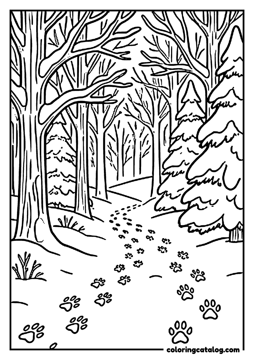 Free Forest coloring sheet: Paw prints running along a snowy path between bare trees and snow-covered firs