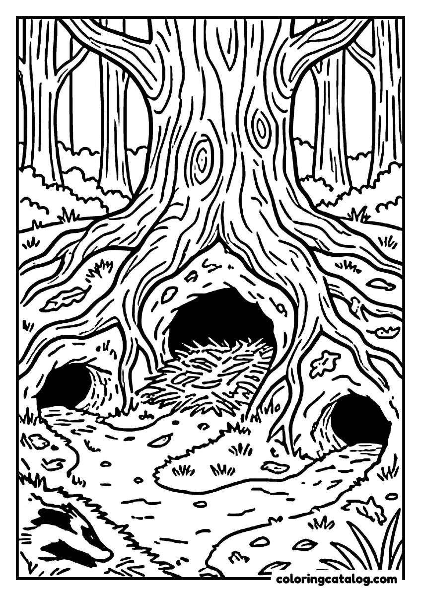 Printable Forest coloring page: The entrances of a badger sett among tree roots with a badger peeking out