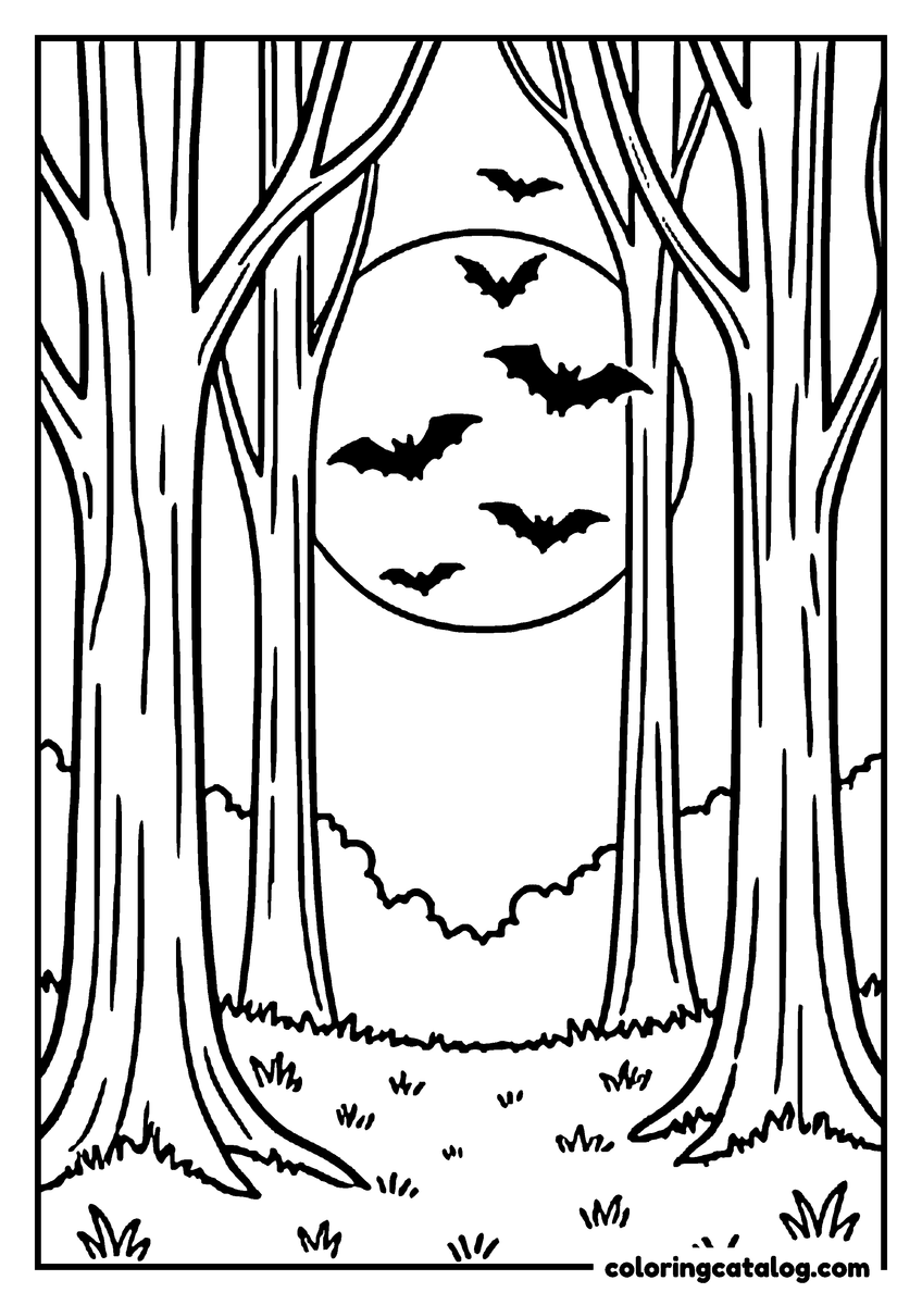 Printable coloring page: Bats flying across a full moon seen between dark forest trees