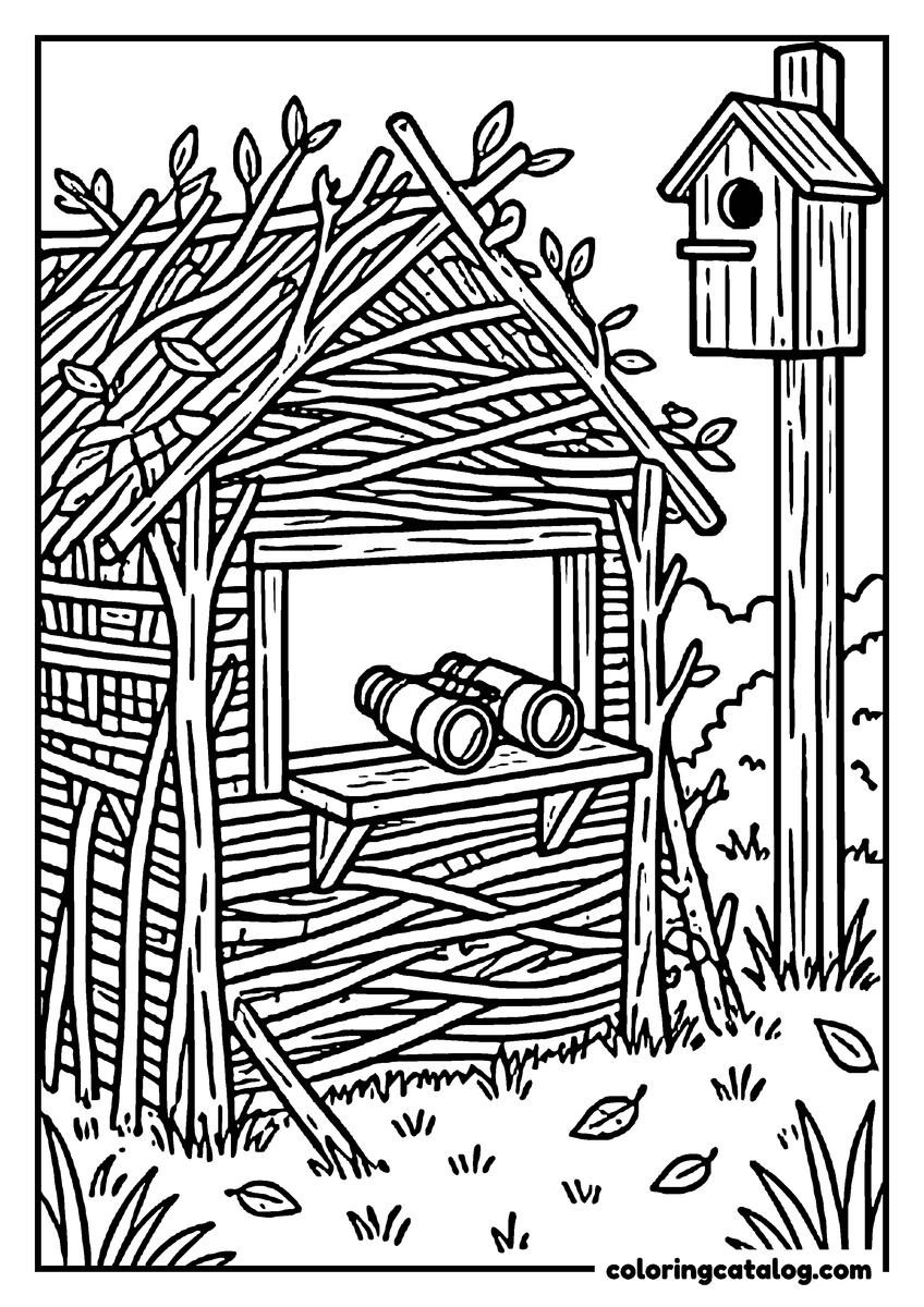 Free Forest coloring sheet: A woven bird hide with binoculars on the ledge and a birdhouse on a post