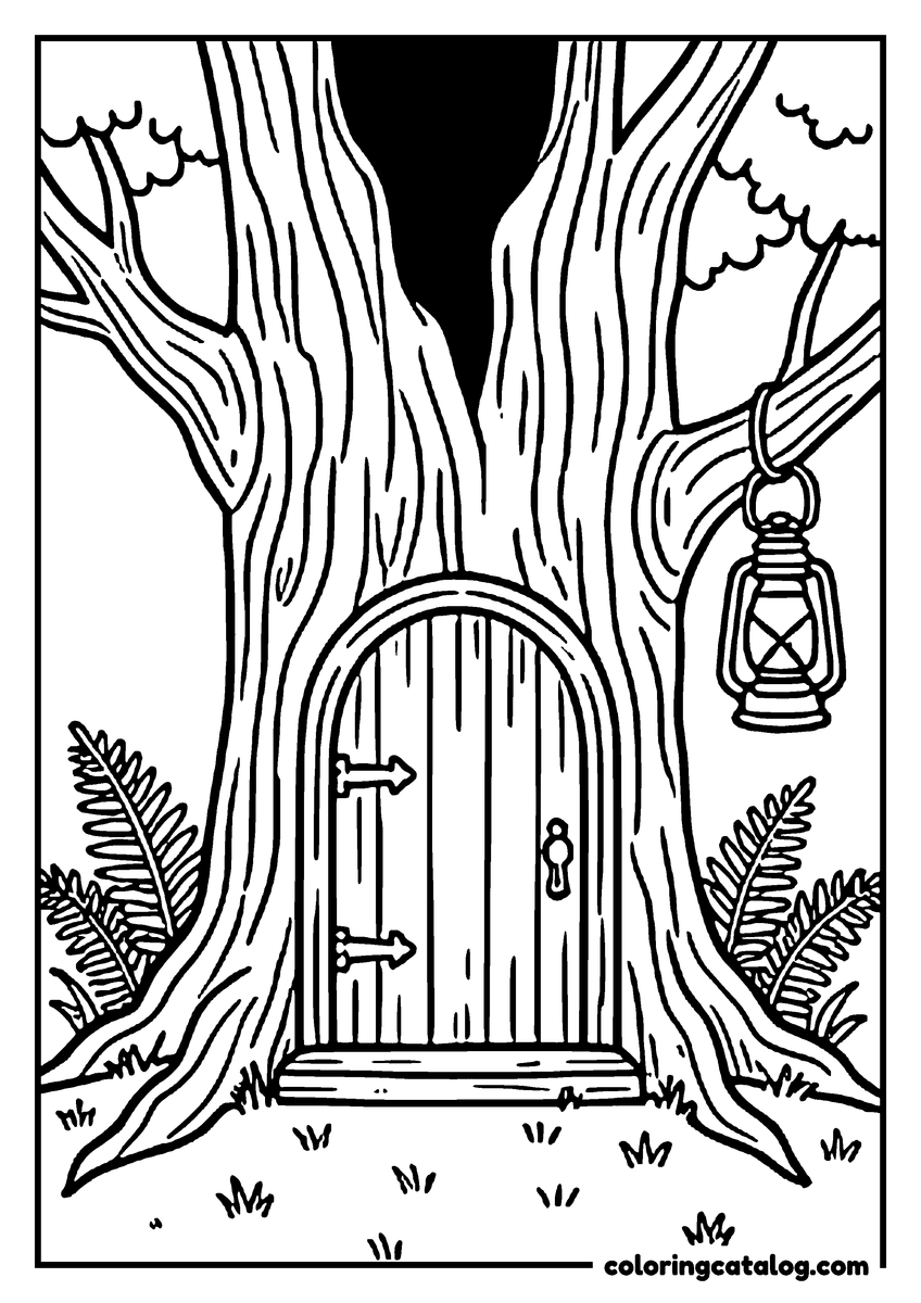 Free Forest coloring sheet: An arched wooden door in the trunk of a huge tree with a lantern hanging from a branch