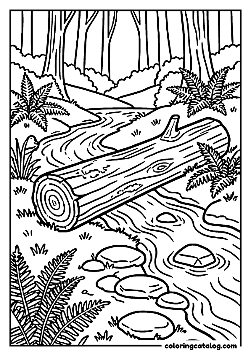 Printable coloring page: A fallen log lying across a forest stream with stepping stones and ferns