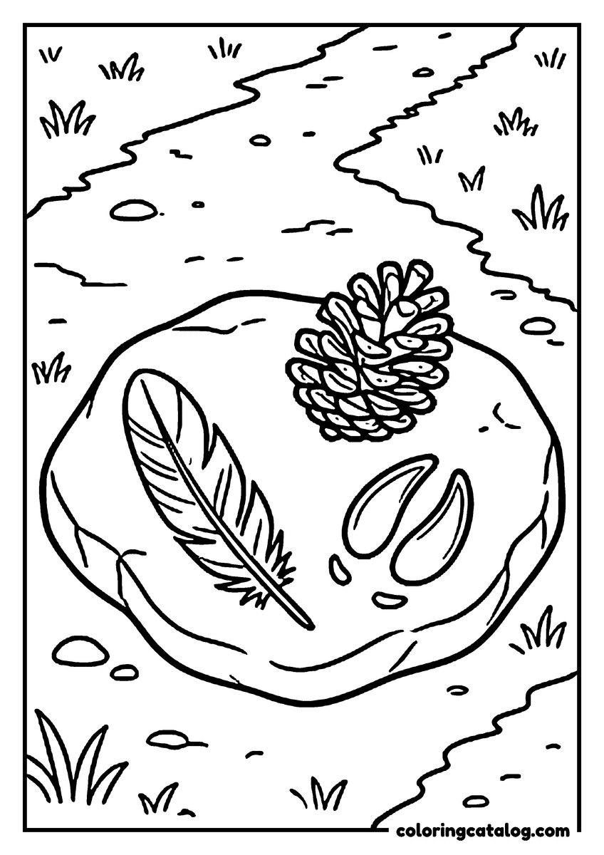 Forest coloring page: A feather, a pinecone and deer hoof prints on a flat rock beside a path