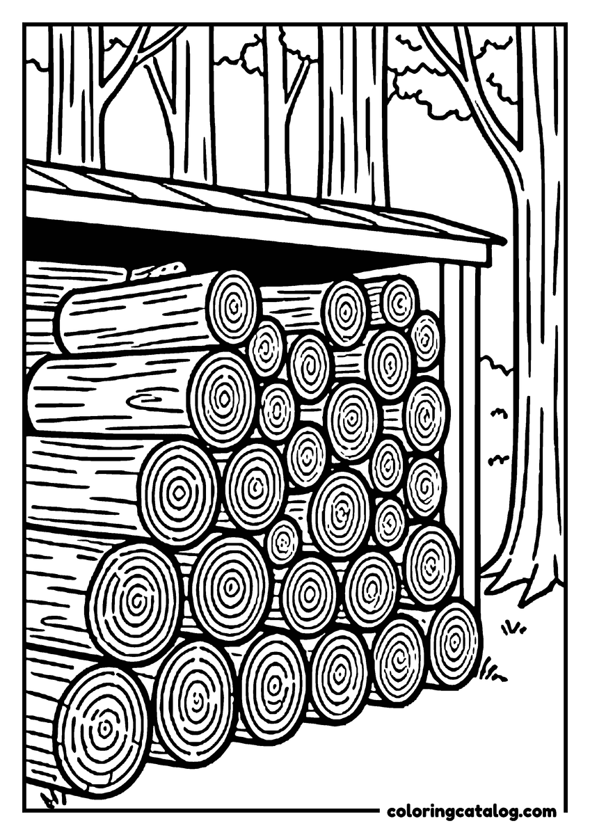 Free printable coloring sheet: Split logs stacked under a wooden shelter at the edge of the forest