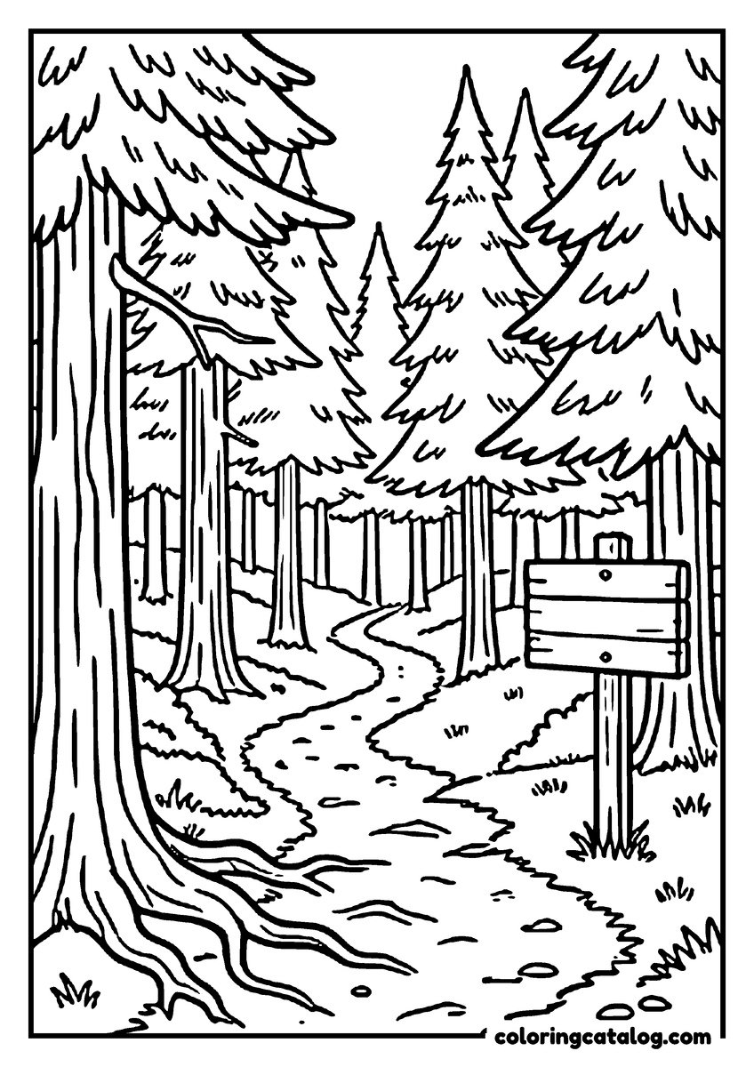 Free Forest coloring sheet: A winding path through tall pine trees with a wooden signpost