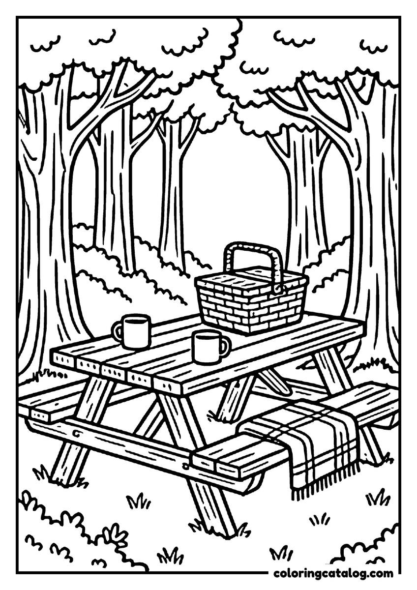 Forest coloring page: A picnic table under the trees with a basket, two mugs and a folded blanket