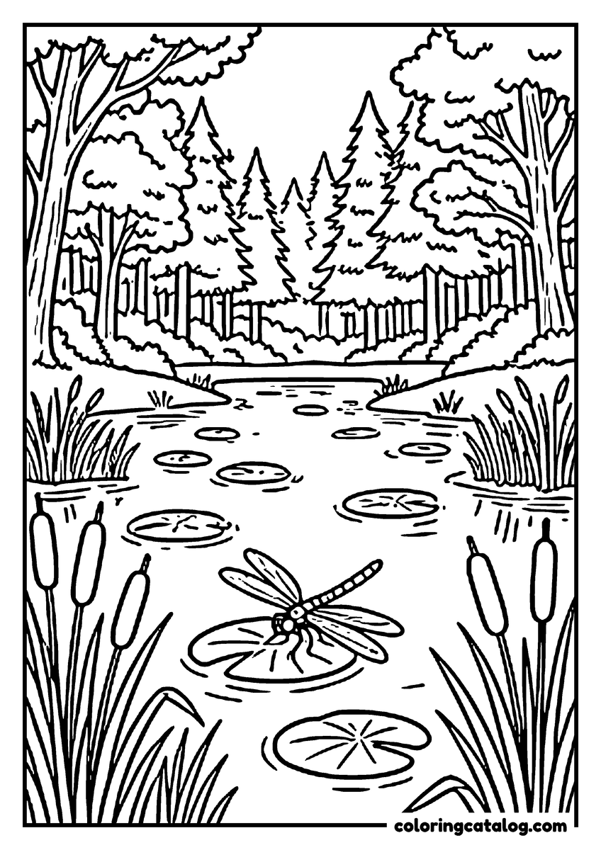 Printable coloring page: A still forest pond with lily pads, cattails and a dragonfly