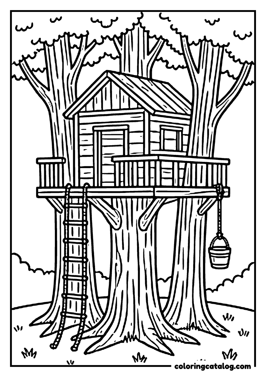 Printable Forest coloring page: A wooden treehouse on a platform between trunks with a rope ladder and a bucket on a pulley