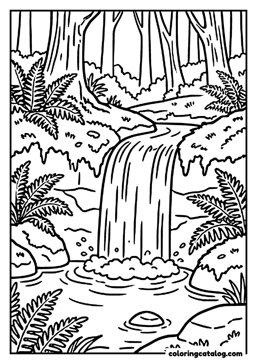 Forest coloring page: A small waterfall tumbling into a pool surrounded by ferns and moss