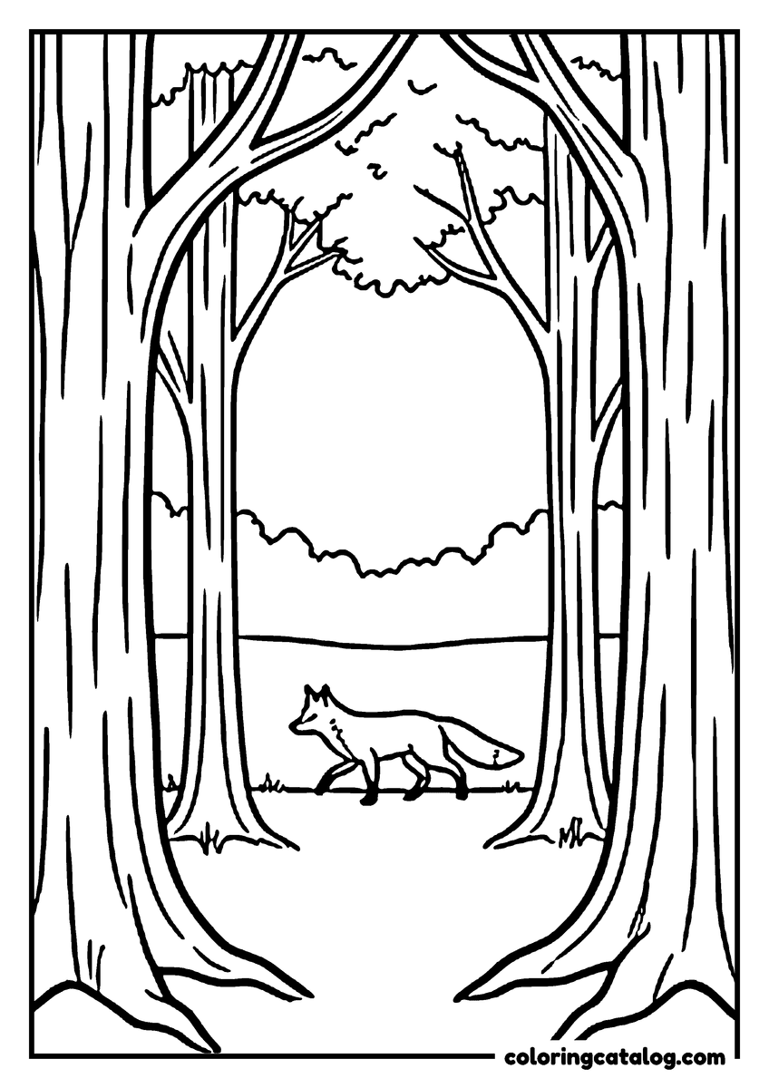 Free Forest coloring sheet: A fox trotting across a clearing framed by two big tree trunks