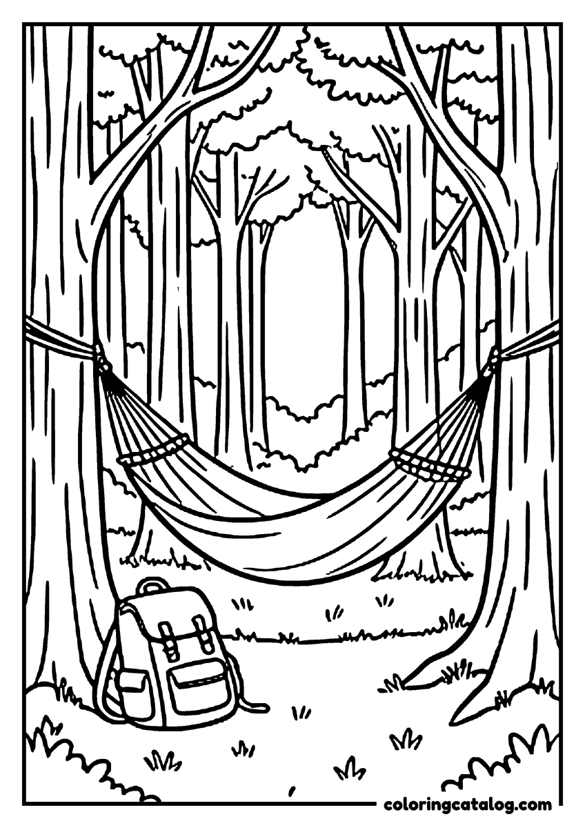 Forest coloring page: A hammock strung between two trees with a backpack leaning against a trunk